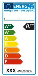So sieht eine Energieeffizienz-Etikette für elektrische Lampen aus, die in einer Verkaufsstelle ausgestellt werden. Dieses Etikett muss natürlich in der jeweiligen Landessprache abgefasst sein. 