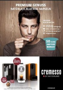 Im Zeitraum von 23. März bis 18. Juli 2015 gibt es beim Kauf einer cremesso Maschine (ausgenommen Uno und Setangebote) einen 50 Euro Umstiegsbonus. (Bild: cremesso)