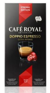 Cafe Royal kommt mit drei neuen Nespresso-systemkompatiblen Kaffeekapsel-Sorten auf die Futura. Mit dem „extra starken“ Doppio Espresso, der auf der zehnstufigen Stärkeskala von Café Royal bei elf angesiedelt ist.