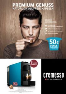 Mit der neuen cremesso-Promotion „Premium Genuss. Natürlich alufreie Kapseln.“ können sich Käufer einen 50 Euro Bonus sichern und zahlreiche weitere Vorteile genießen.