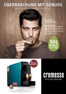 Das Schweizer Kaffeekapselsystem cremesso startet mit 21. März eine neue Promotion. Diese läuft bis 30. Juni 2016 und beinhaltet neben einem 50 Euro Bonus zahlreiche weitere Vorteile. 
