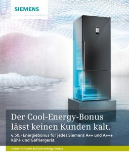 Mit dem Cool-Energy-Bonus gibt Siemens den Endkunden einen zusätzlichen Anreiz zu einem A++ oder A+++ Kühl- oder Gefriergerät zu greifen.