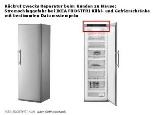 Ikea warnt vor seinen FROSTFRI Kühl- und Gefrierschränken mit bestimmten Datumsstempeln. Es droht Stromschlaggefahr. Die Geräte sollen beim Kunden zuhause von einem Servicetechniker repariert werden. (Bild: Screenshot Ikea)