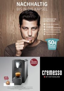 Bei der neuen Cremesso Promotion „Nachhaltig bis in die Kapsel“ werden alle Käufer einer neuen Cremesso Kaffeekapselmaschine mit einem 50 Euro Bonus und zahlreichen Premium-Vorteilen belohnt. 