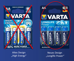 Die Varta Batterien haben ein neues Verpackungsdesign verpasst bekommen. Dabei wurde aus den „High Energy“-Batterien die „Longlife Power“-Batterien und aus den „Max Tech“ die „Longlife Max Power“-Batterien. Wie Varta in einer Konsumentenbefragung herausgefunden hat wird der Begriff „Longlife“ am ehesten mit Batterien verbunden. Deswegen tragen nun alle Typen die Bezeichnung „Longlife“.