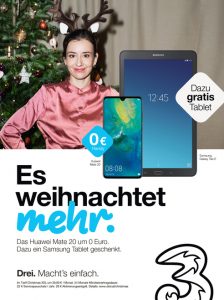 Drei schnürt Weihnachtspakete: Neukunden, die einen der drei Christmas-Tarife mit 24 Monatsbindung wählen, erhalten ein Tablet, Samsung Galaxy Tab E zusätzlich.
