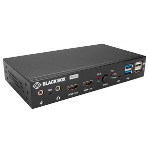 Der 4K HDMI Dual-Head Desktop-Switch von Black Box für 2x Rechner, 1x Tastatur/Maus-Einheit und 2x 4K60 HDMI-Monitore.