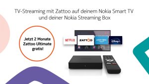 Das TV-Streaming-Angebot Zattoo Ultimate ist bereits auf der Nokia Streaming Box vorinstalliert.  Bei den Nokia Smart TVs kann die App runtergeladen und das Gratis-Angebot freigeschaltet werden.