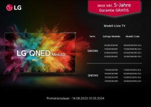 LG Electronics bietet 5 Jahre durchgehende Garantiezeit für neu erworbene QNED TV-Geräte an.